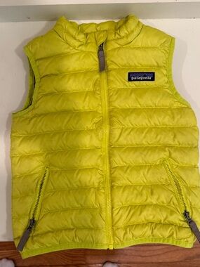 Patagonia Puffer Jacket in Olive with Yellow Stitching and Multicolor Logo